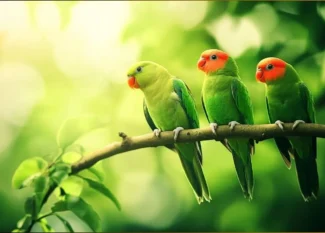 Green birds in Florida, including parakeets and parrots, perched in tropical trees