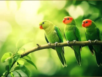 Green birds in Florida, including parakeets and parrots, perched in tropical trees