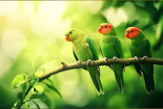 Green birds in Florida, including parakeets and parrots, perched in tropical trees