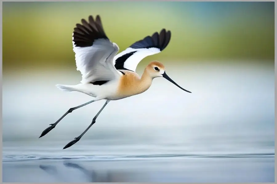 American Avocet flying over shallow water