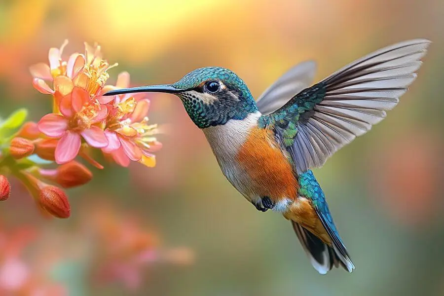 Hummingbird with long beak hovering in flight, sipping nectar from a flower