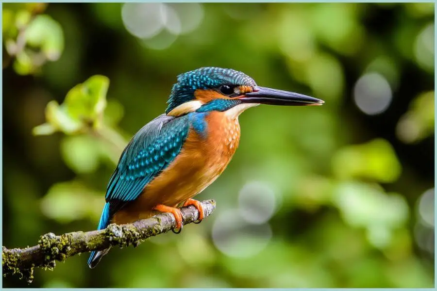 Brightly colored kingfisher bird with a long, sharp beak perched near water