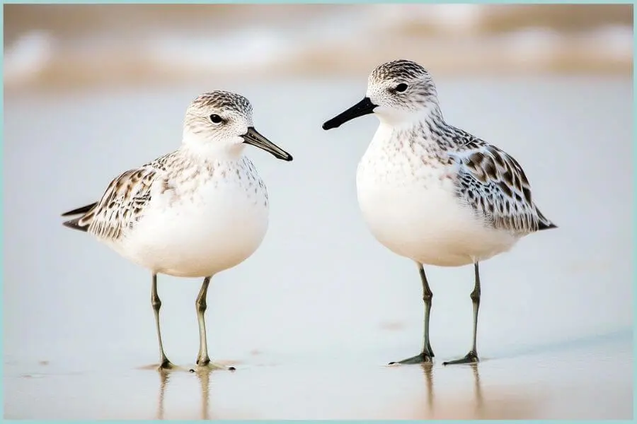 Sanderling bird running along the shore with a short, straight beak used for picking small invertebrates