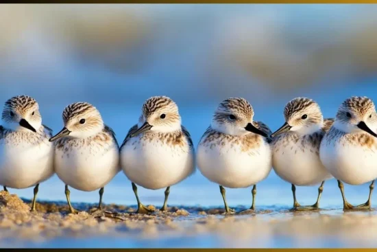 Various small birds with long beaks, including hummingbirds, curlews, and kingfishers, in their natural habitats