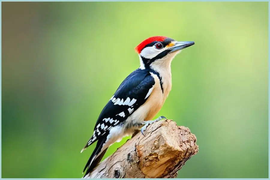 Woodpecker bird with a strong, pointed beak pecking at a tree trunk