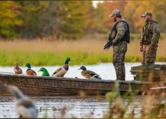 A group of hunters in camouflage by a lake, preparing for duck hunting in Michigan.