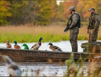 A group of hunters in camouflage by a lake, preparing for duck hunting in Michigan.