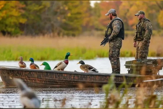 A group of hunters in camouflage by a lake, preparing for duck hunting in Michigan.