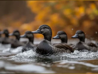 American black ducks swimming in Michigan wetlands during migration season