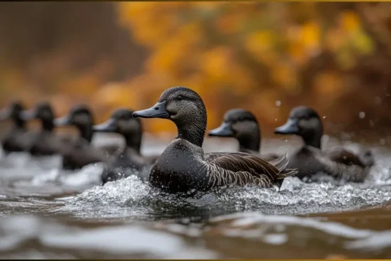 American black ducks swimming in Michigan wetlands during migration season