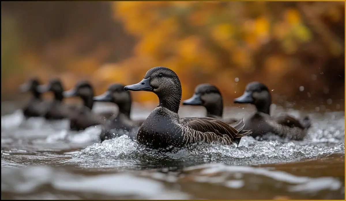 American black ducks swimming in Michigan wetlands during migration season