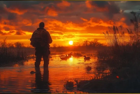 Duck hunters in Argentina preparing for a hunt near wetlands with gear and decoys