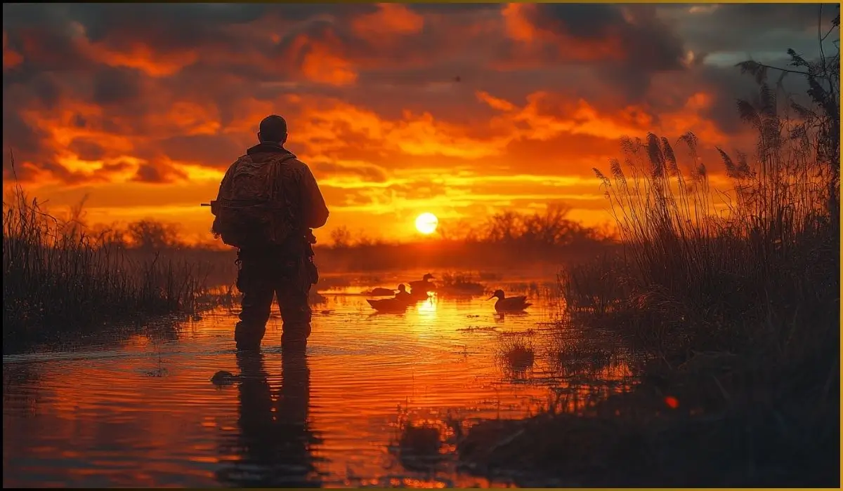 Duck hunters in Argentina preparing for a hunt near wetlands with gear and decoys