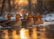 Redhead ducks with bright red heads swimming in Michigan lakes during migration