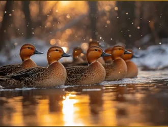 Redhead ducks with bright red heads swimming in Michigan lakes during migration