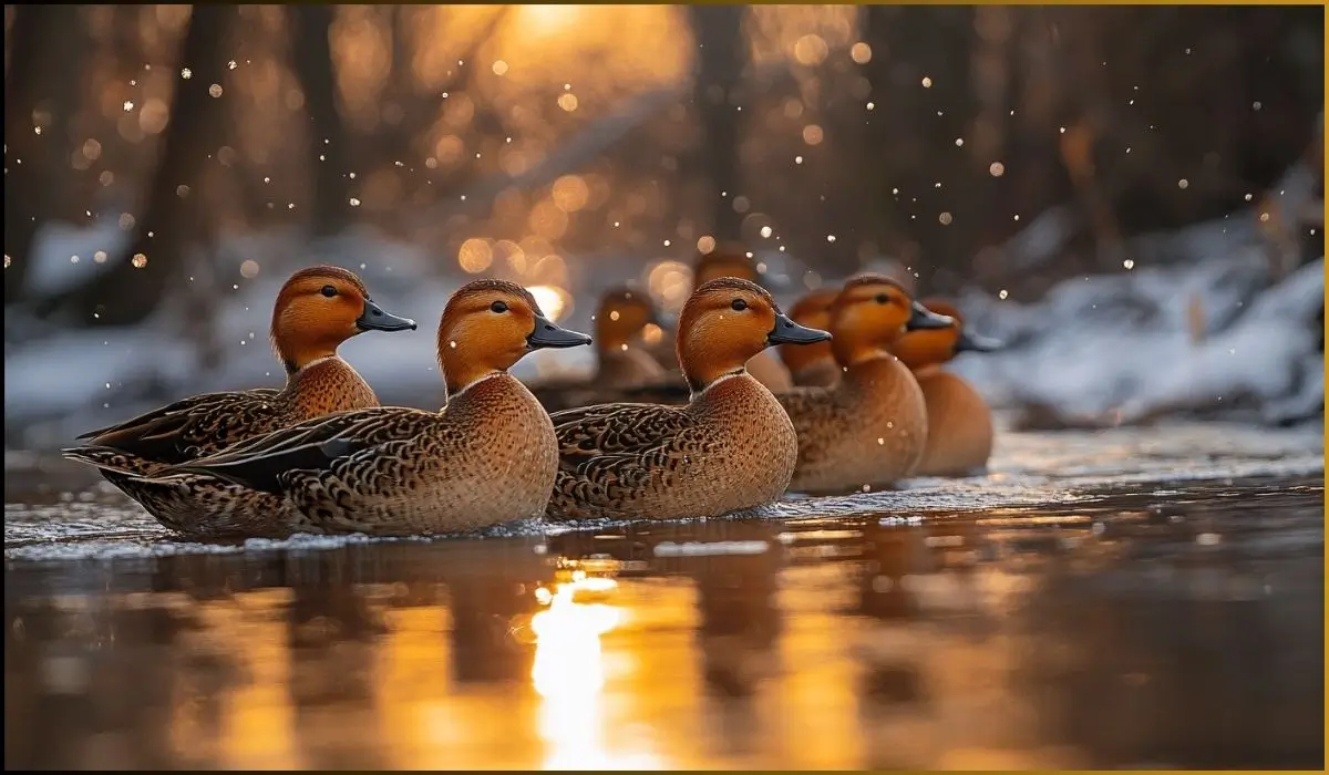 Redhead ducks with bright red heads swimming in Michigan lakes during migration