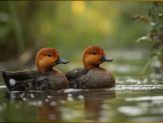 Redheaded ducks swimming in Michigan's lakes during migration season