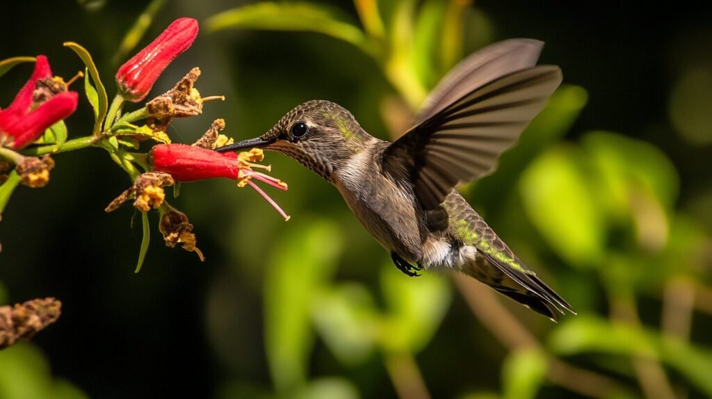 A close-up of a hummingbird feeding from a nectar-filled flower.