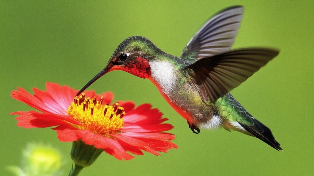 A hummingbird sipping nectar from a brightly colored flower