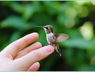 Colorful hummingbird in mid-flight, sipping nectar from a vibrant flower