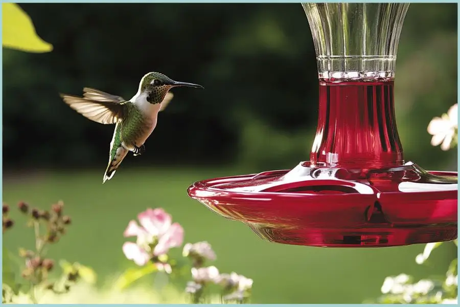 Hummingbird feeder in a backyard.