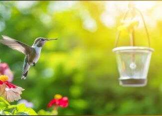 A ruby-throated hummingbird hovering near a colorful flower in an Alabama garden, illustrating migration patterns.