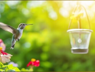 A ruby-throated hummingbird hovering near a colorful flower in an Alabama garden, illustrating migration patterns.