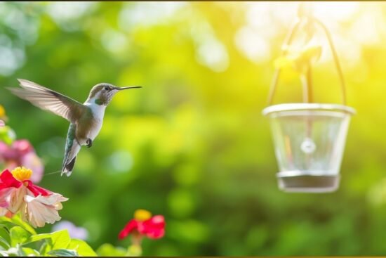 A ruby-throated hummingbird hovering near a colorful flower in an Alabama garden, illustrating migration patterns.