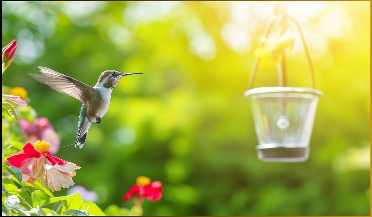 A ruby-throated hummingbird hovering near a colorful flower in an Alabama garden, illustrating migration patterns.