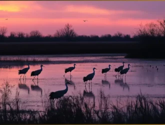 Sandhill cranes in a Michigan wetland at sunset