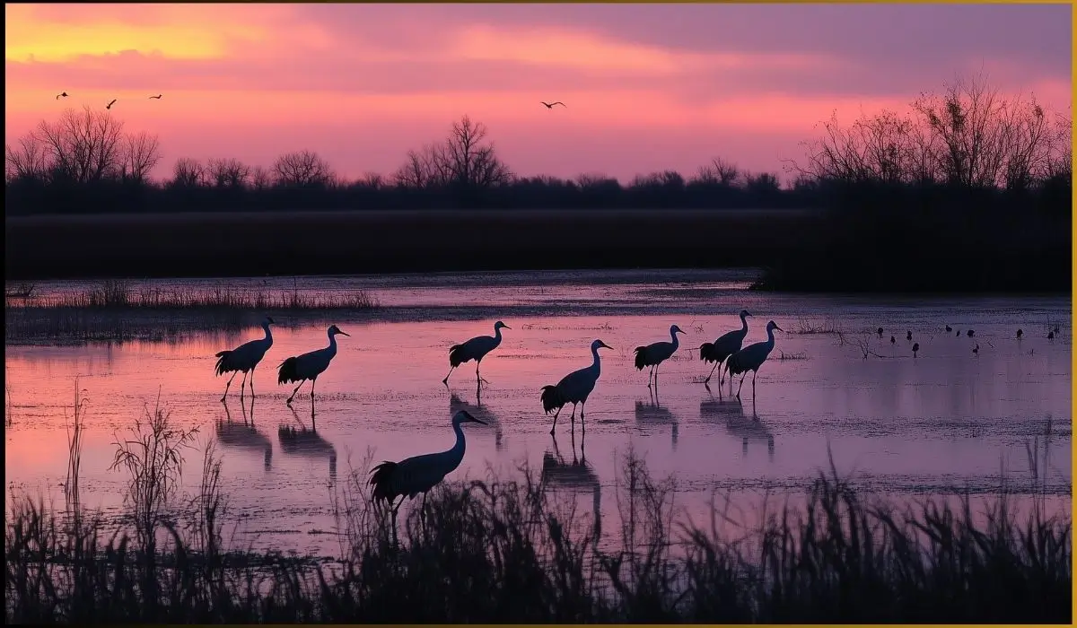 Sandhill cranes in a Michigan wetland at sunset