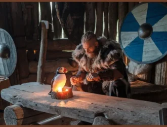 Puffin candle lighting a cozy Viking home.