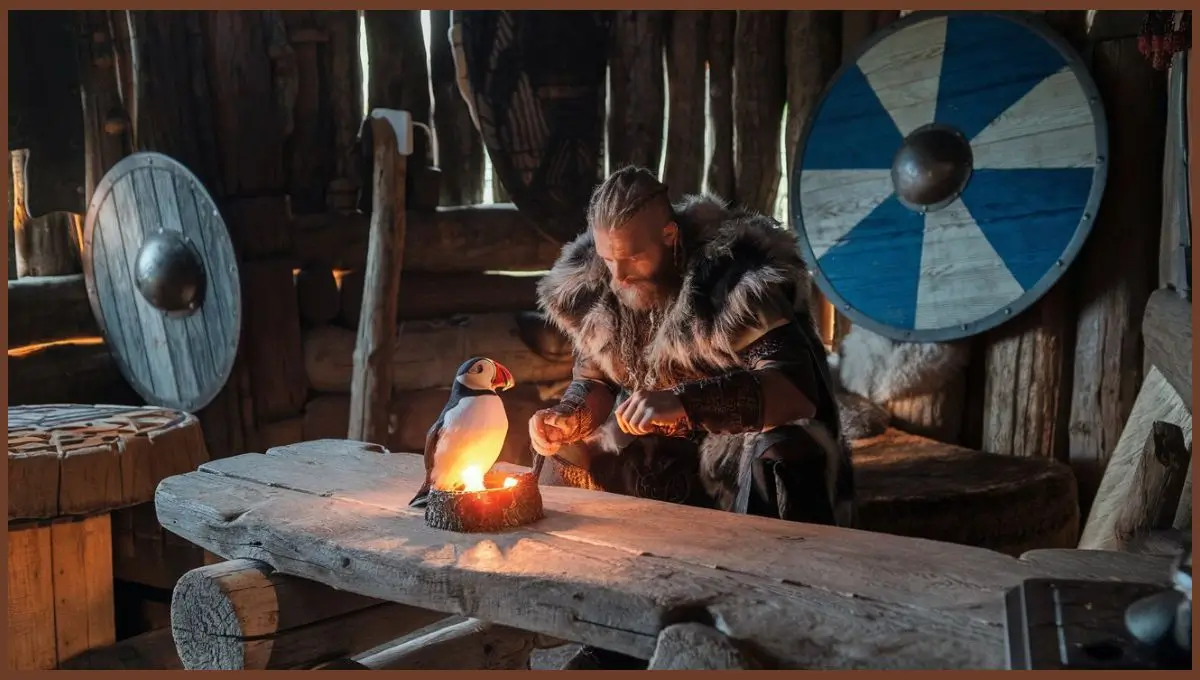 Puffin candle lighting a cozy Viking home.