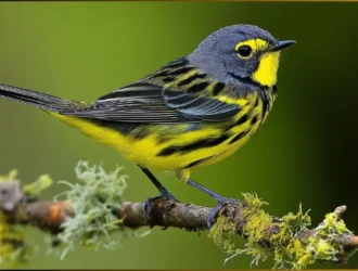 Kirtland's Warbler perched in a Michigan forest, displaying its yellow belly and gray-blue back