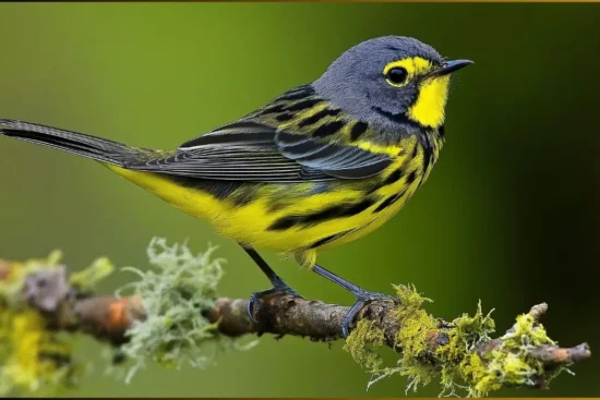 Kirtland's Warbler perched in a Michigan forest, displaying its yellow belly and gray-blue back