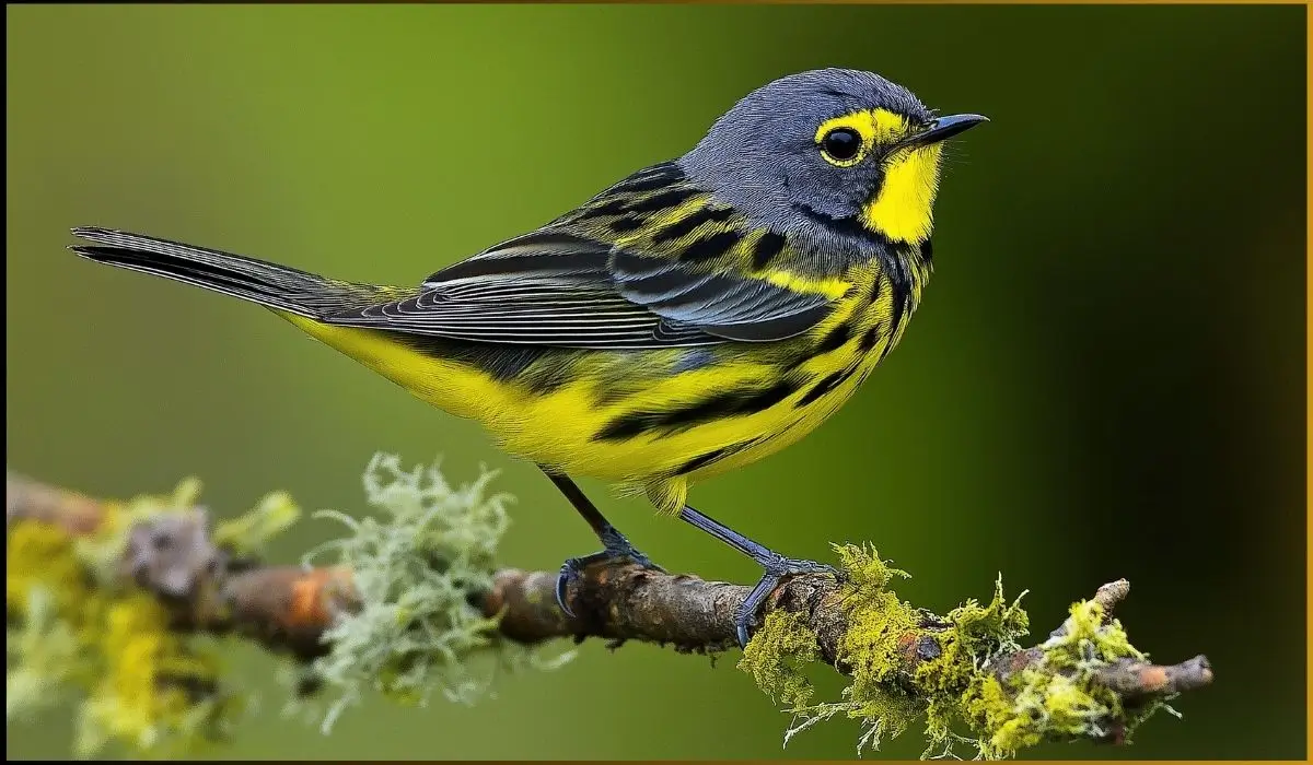 Kirtland's Warbler perched in a Michigan forest, displaying its yellow belly and gray-blue back