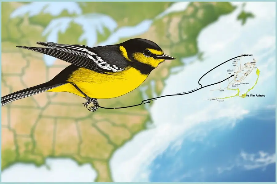 Migration map showing the route of the Kirtland's Warbler from Michigan to the Bahamas