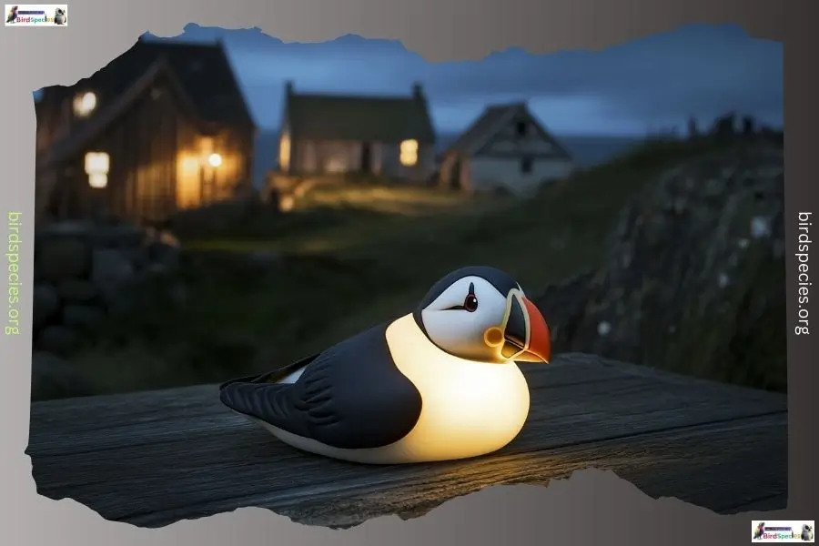 Puffin bird candle burning in a Viking settlement.