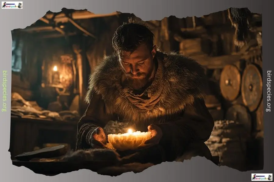 Viking holding a puffin bird candle for light in an ancient home.