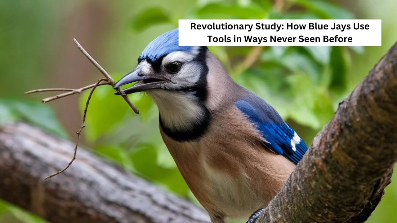 Close-up of blue jay using twig tool